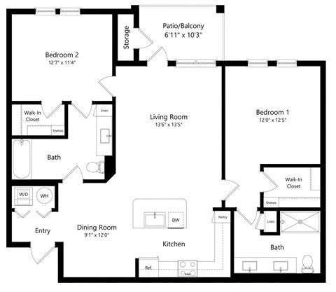 Floor plan for 2 beds, 2 baths, 1236 sqft